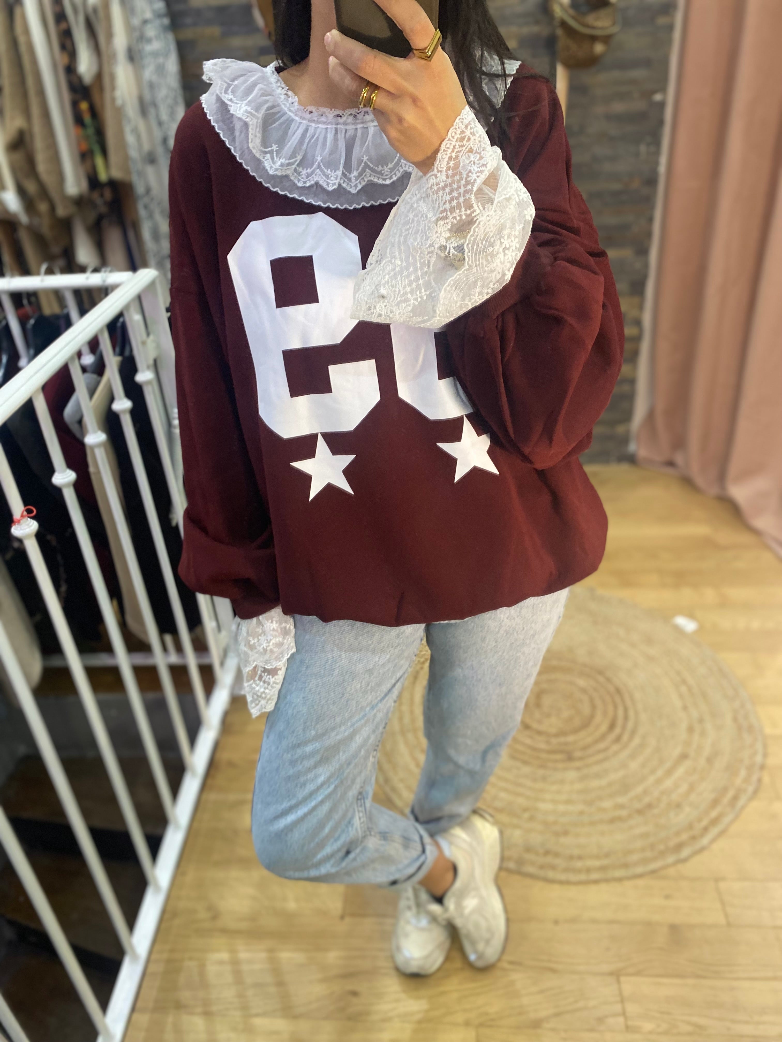 Pull « 89 » dentelle bordeaux