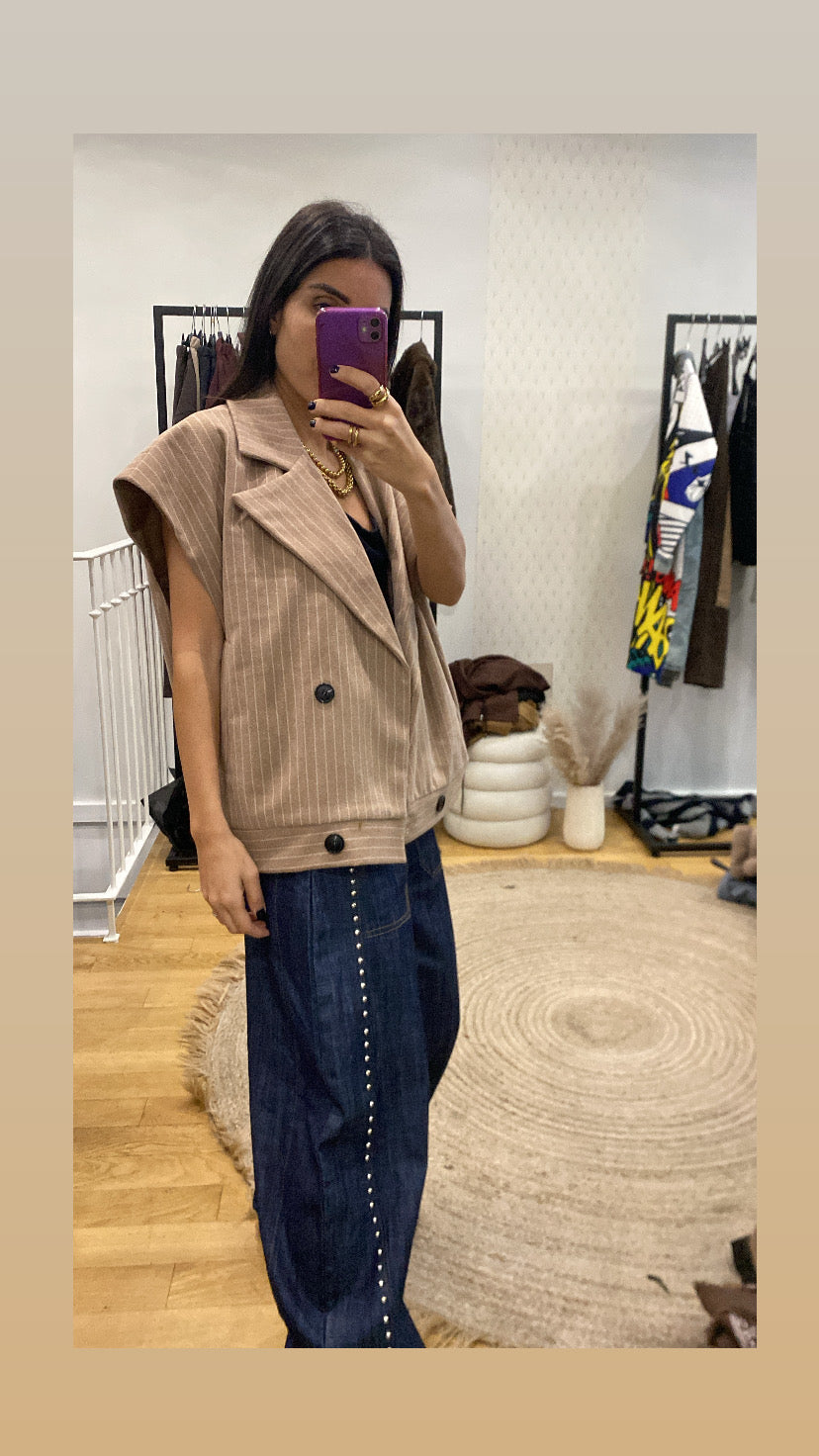 Veste sans manches « audrey » rayé camel