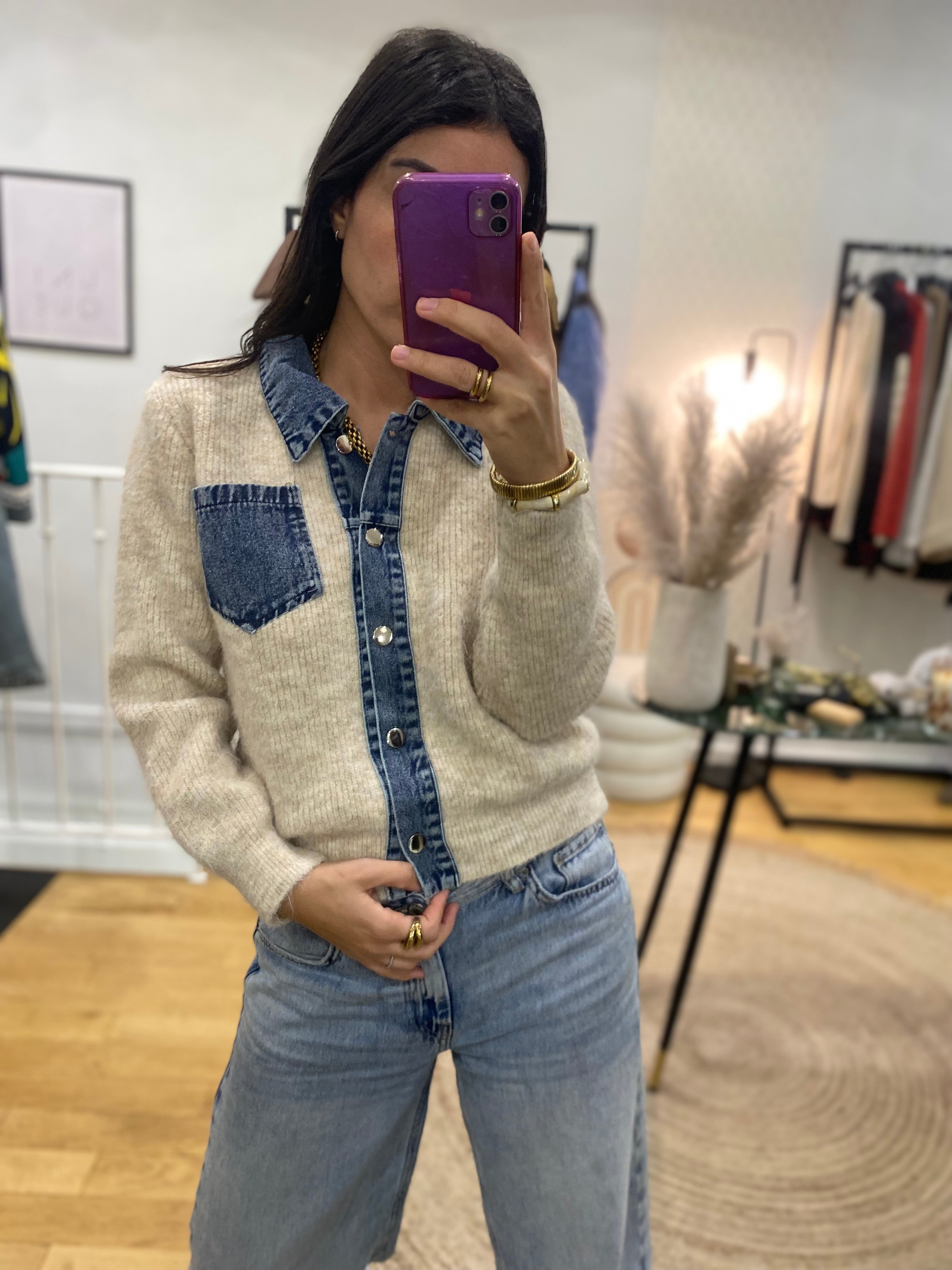 Pull bi matière « Nico » écru