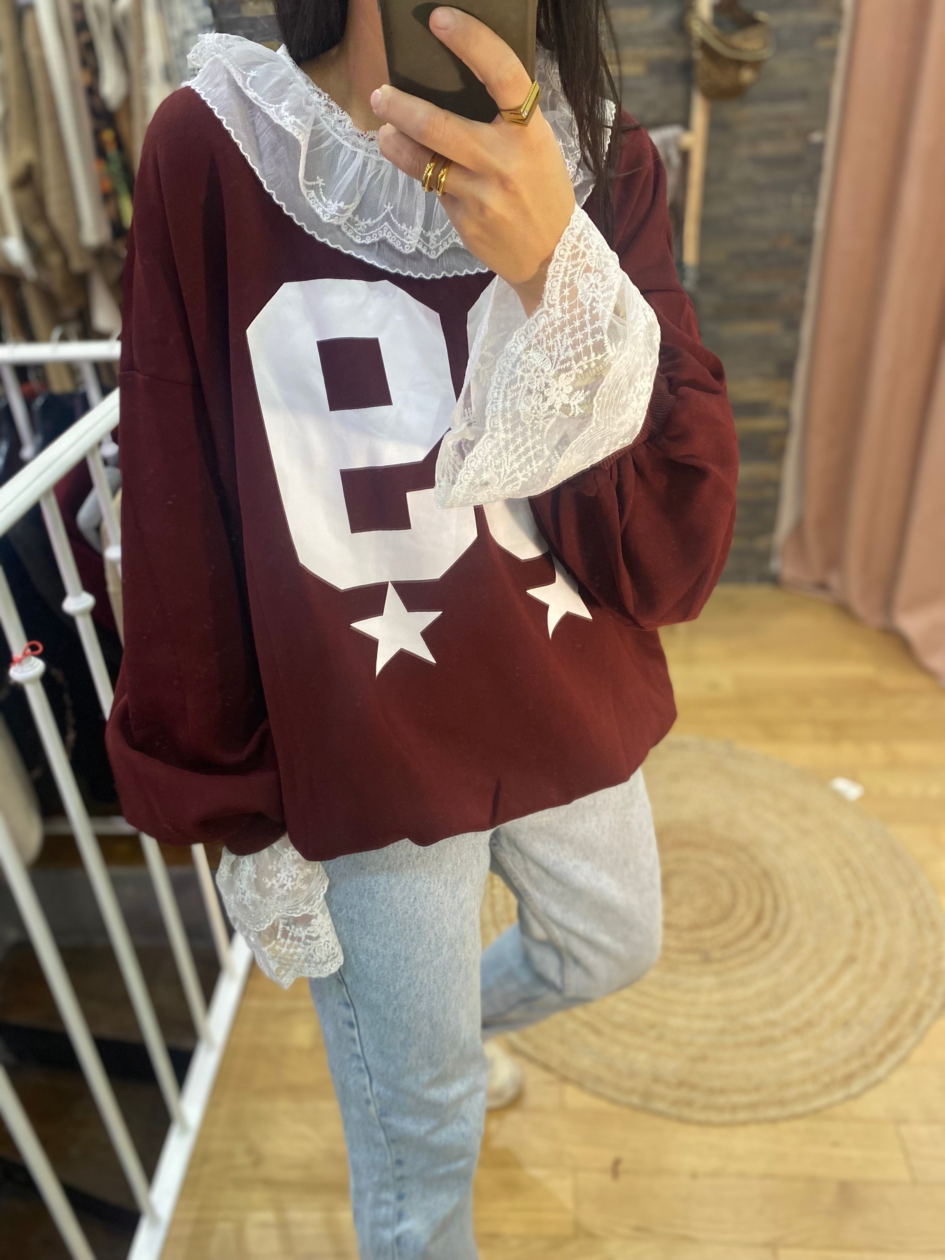 Pull « 89 » dentelle bordeaux