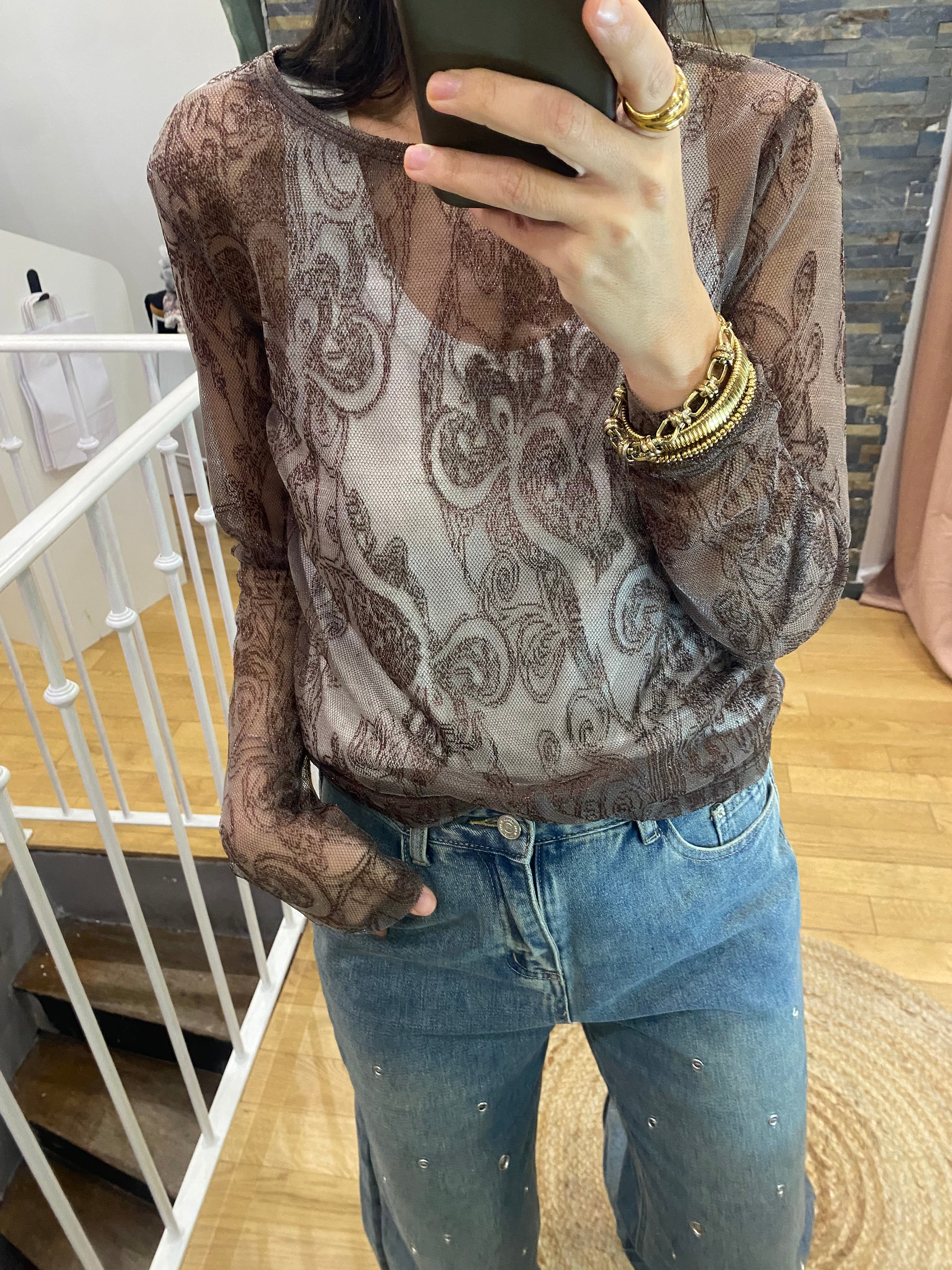 Top dentelle « Laury » marron