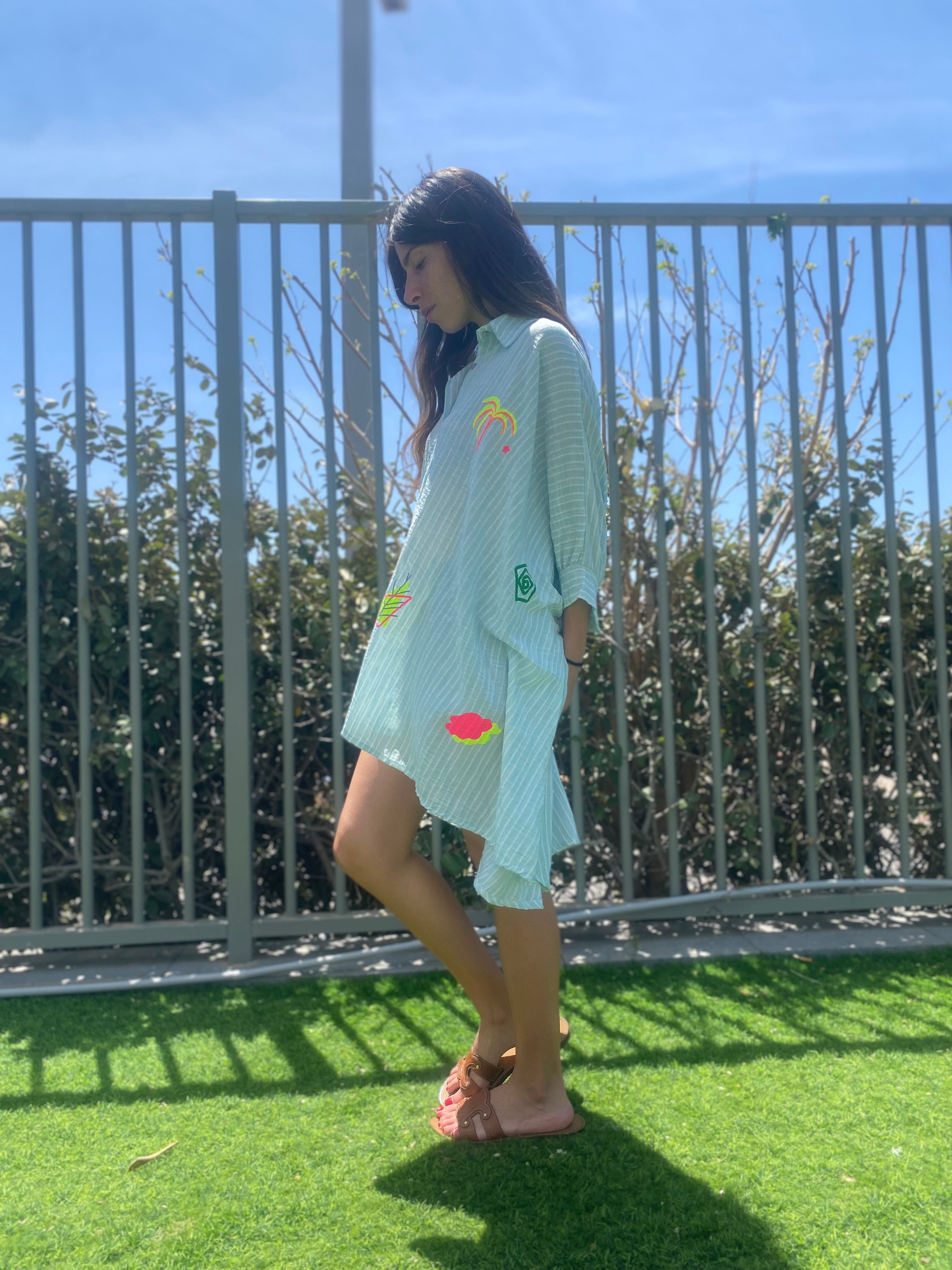 Chemise / robe « Jill » rayé vert d’eau