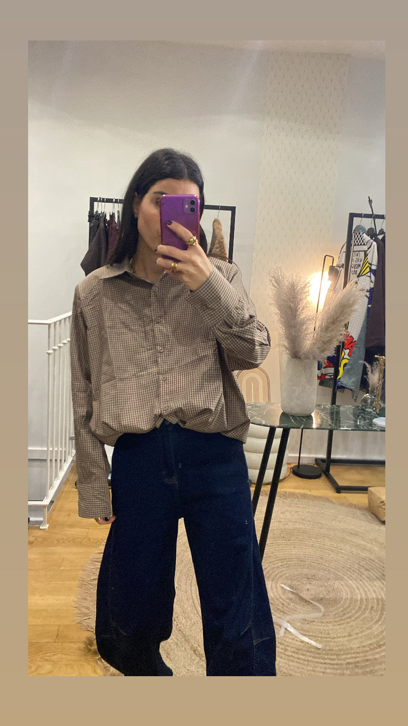 Chemise épaulette carreaux taupe