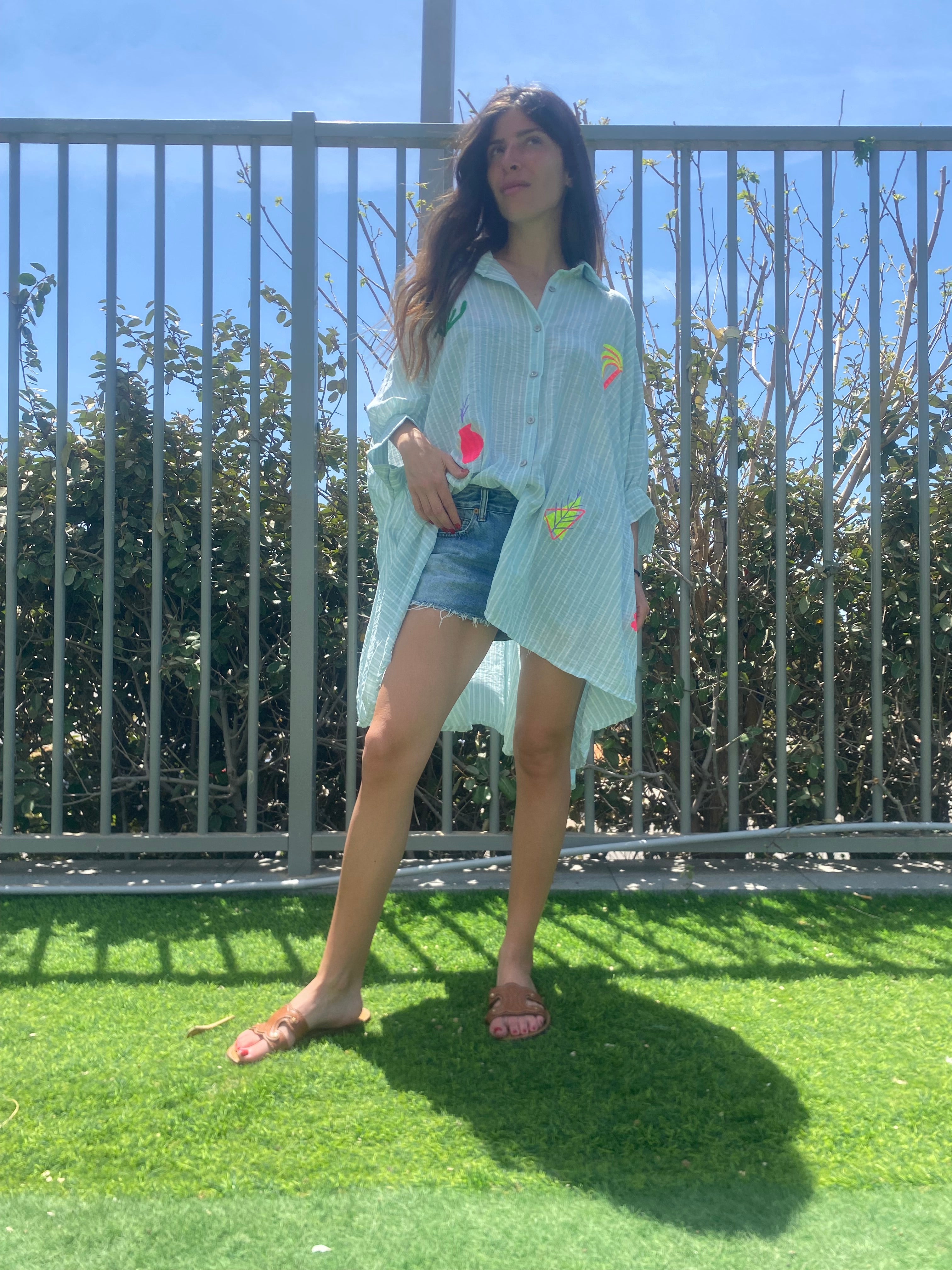 Chemise / robe « Jill » rayé vert d’eau