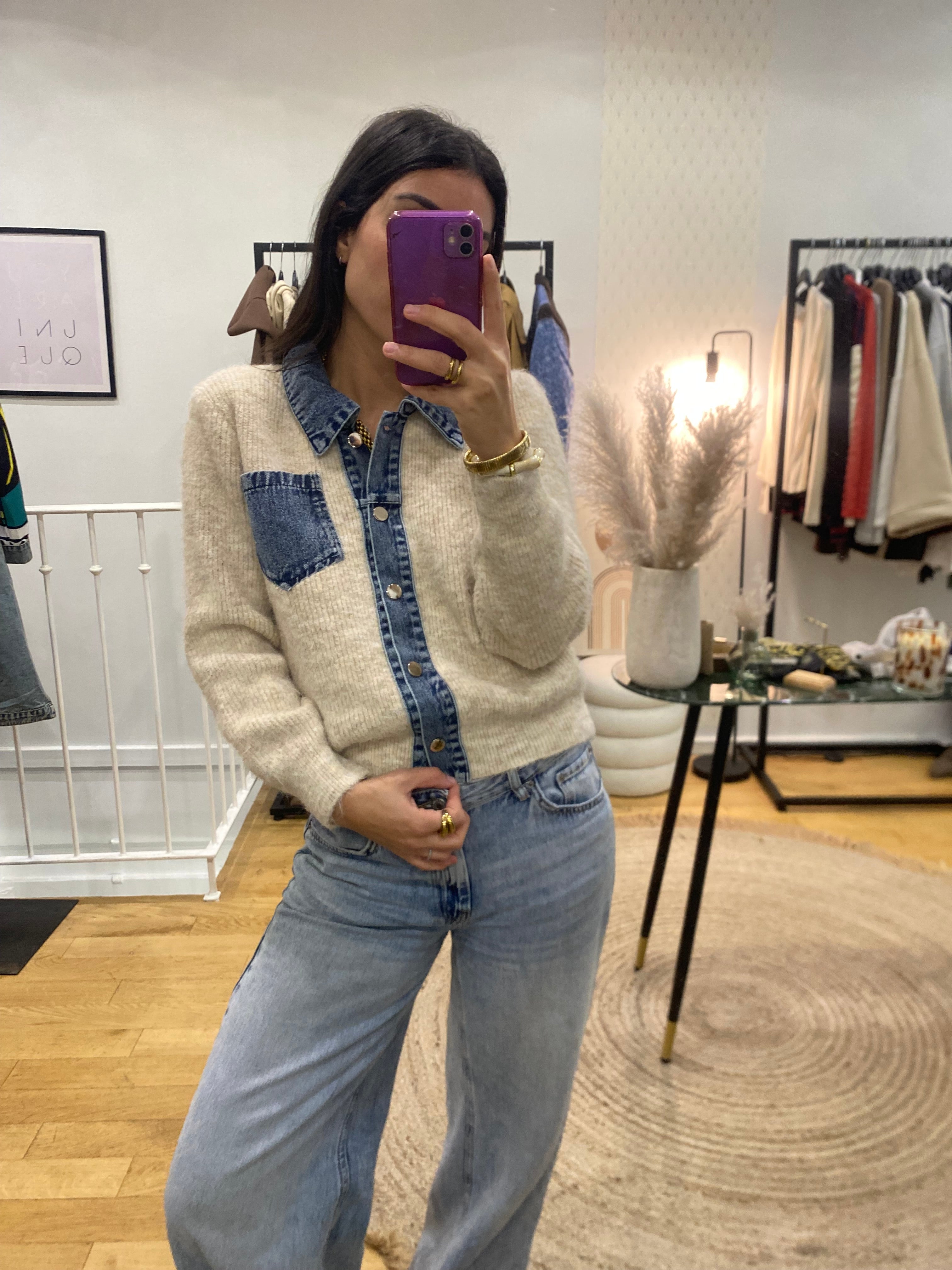 Pull bi matière « Nico » écru