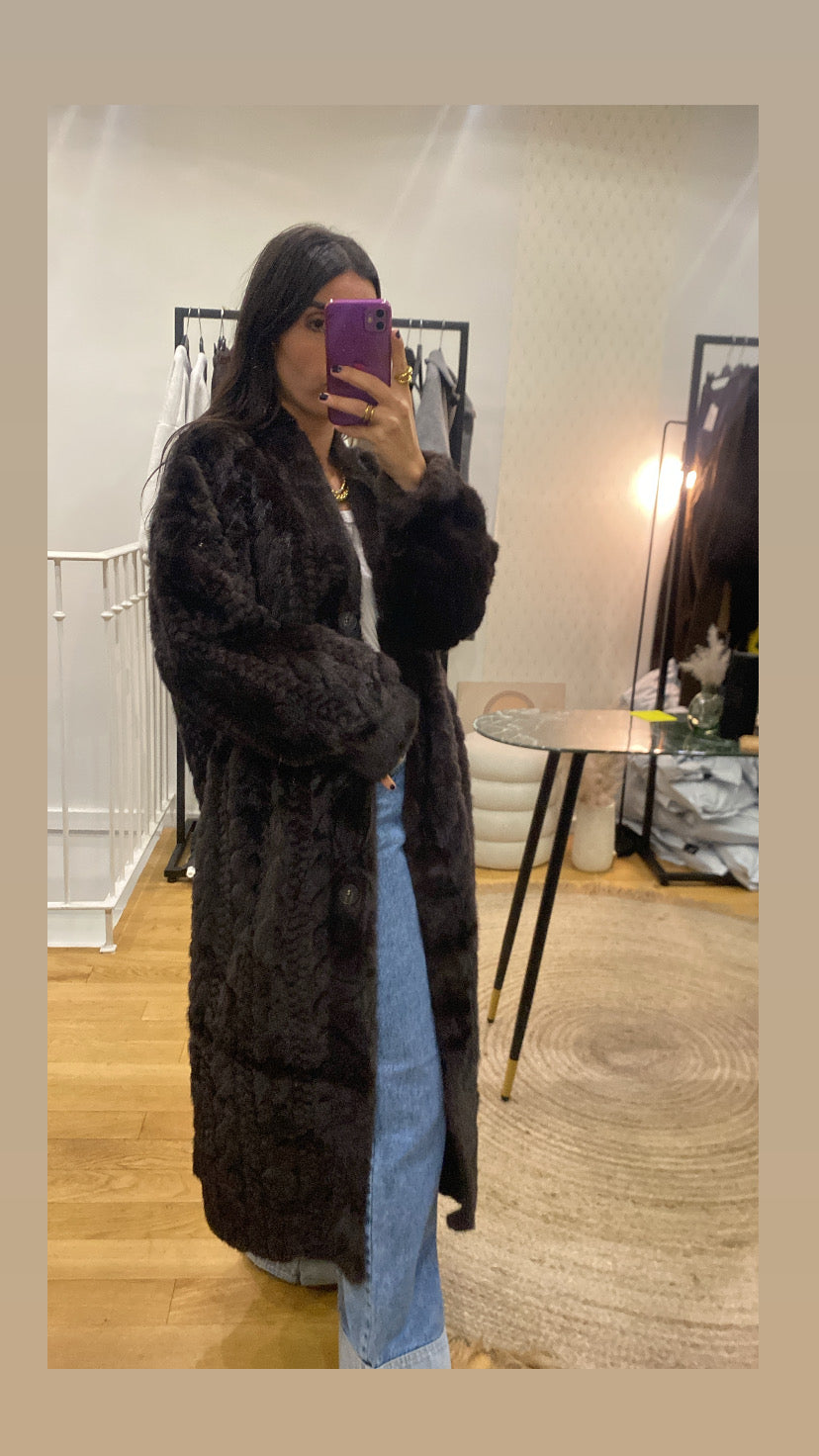 Veste longue « Bella » fausse fourrure marron foncé