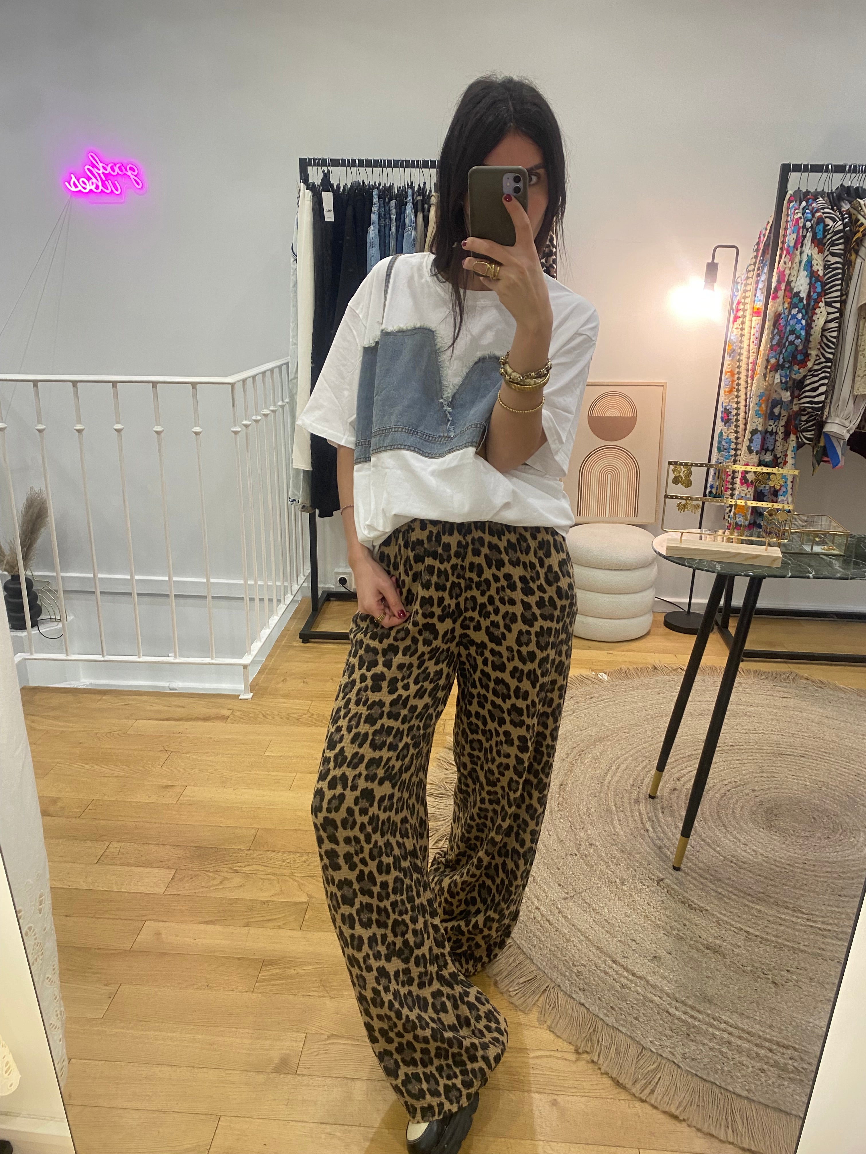 Pantalon léopard en gaze de coton