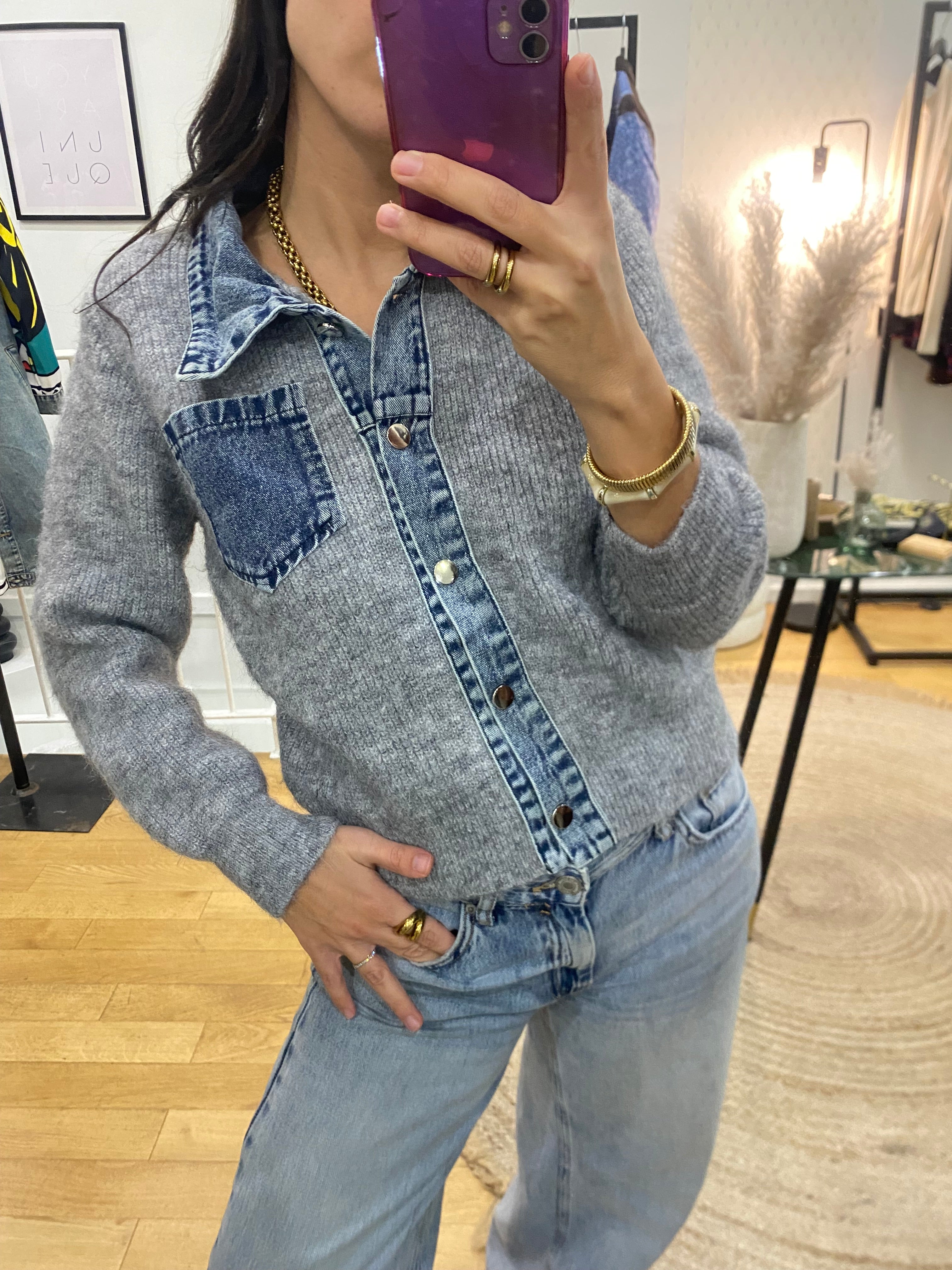 Pull bi matière « Nico » gris