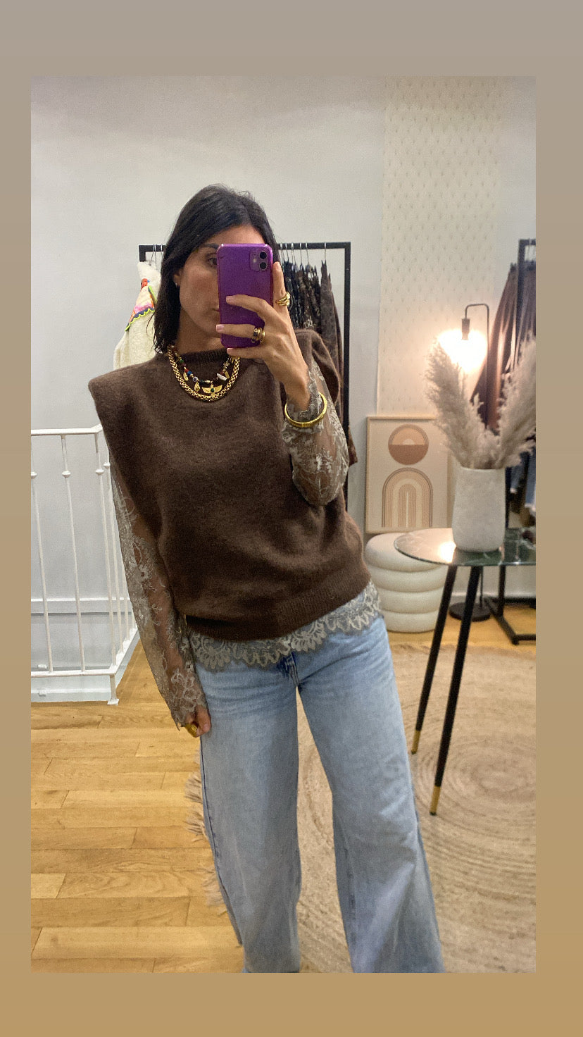 Top dentelle taupe