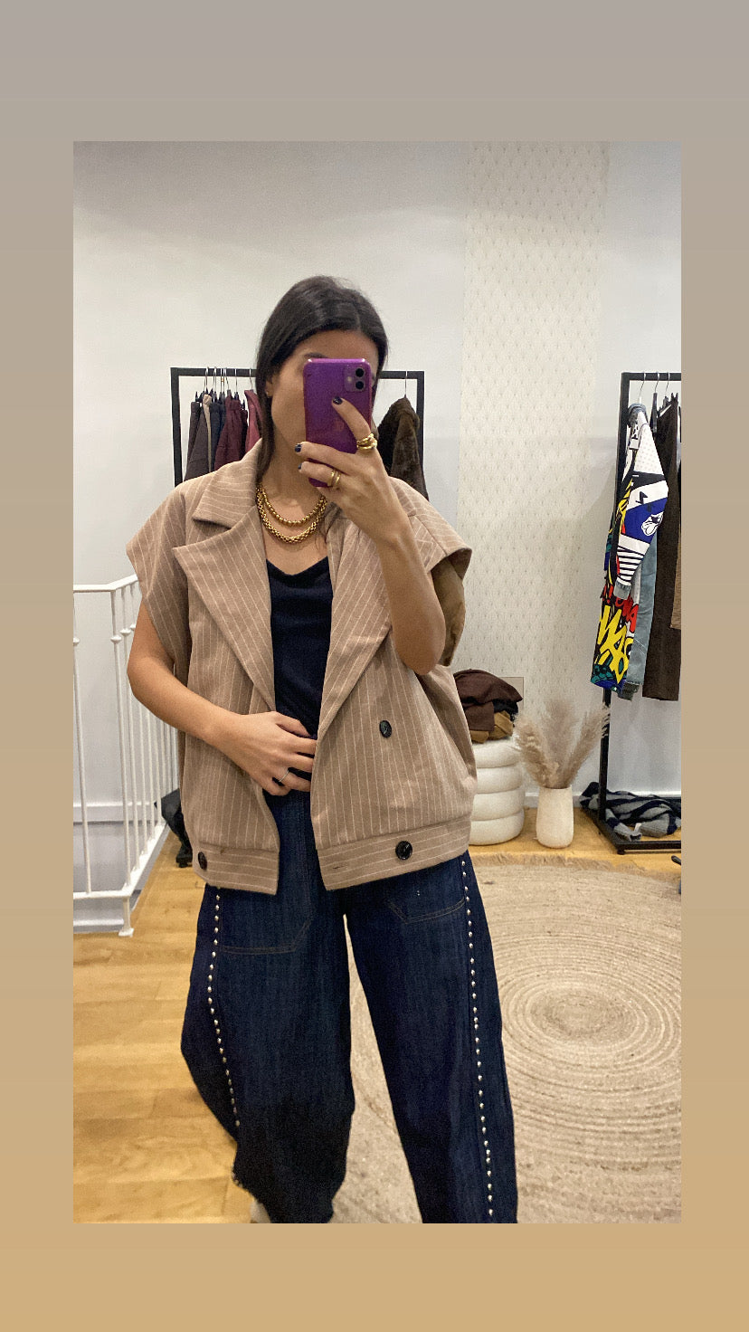 Veste sans manches « audrey » rayé camel