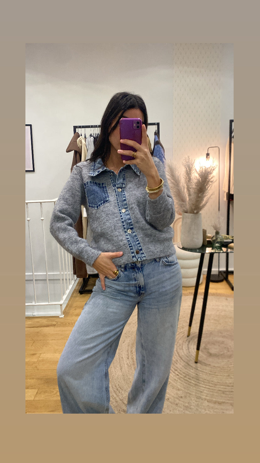 Pull bi matière « Nico » gris