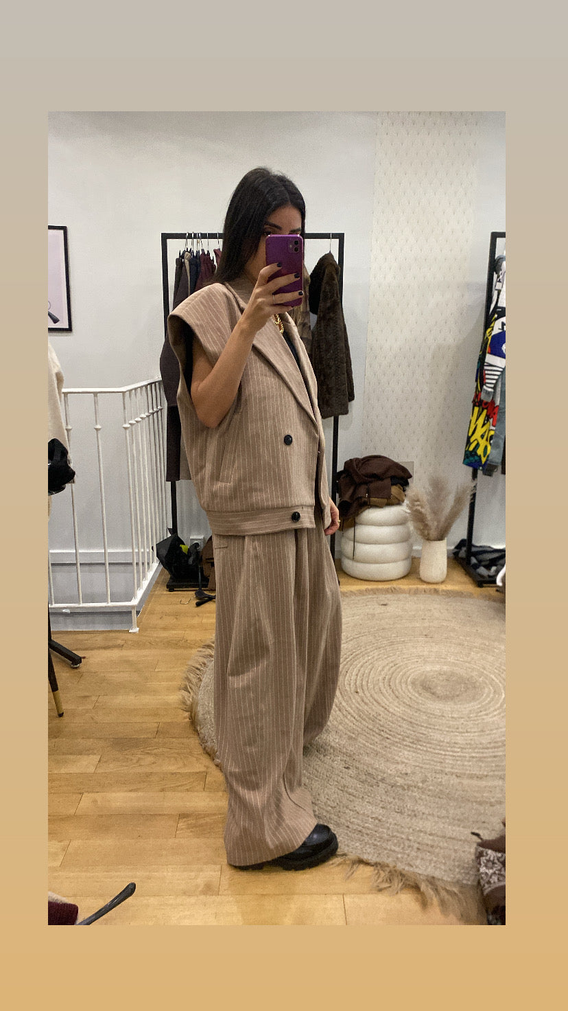 Veste sans manches « audrey » rayé camel