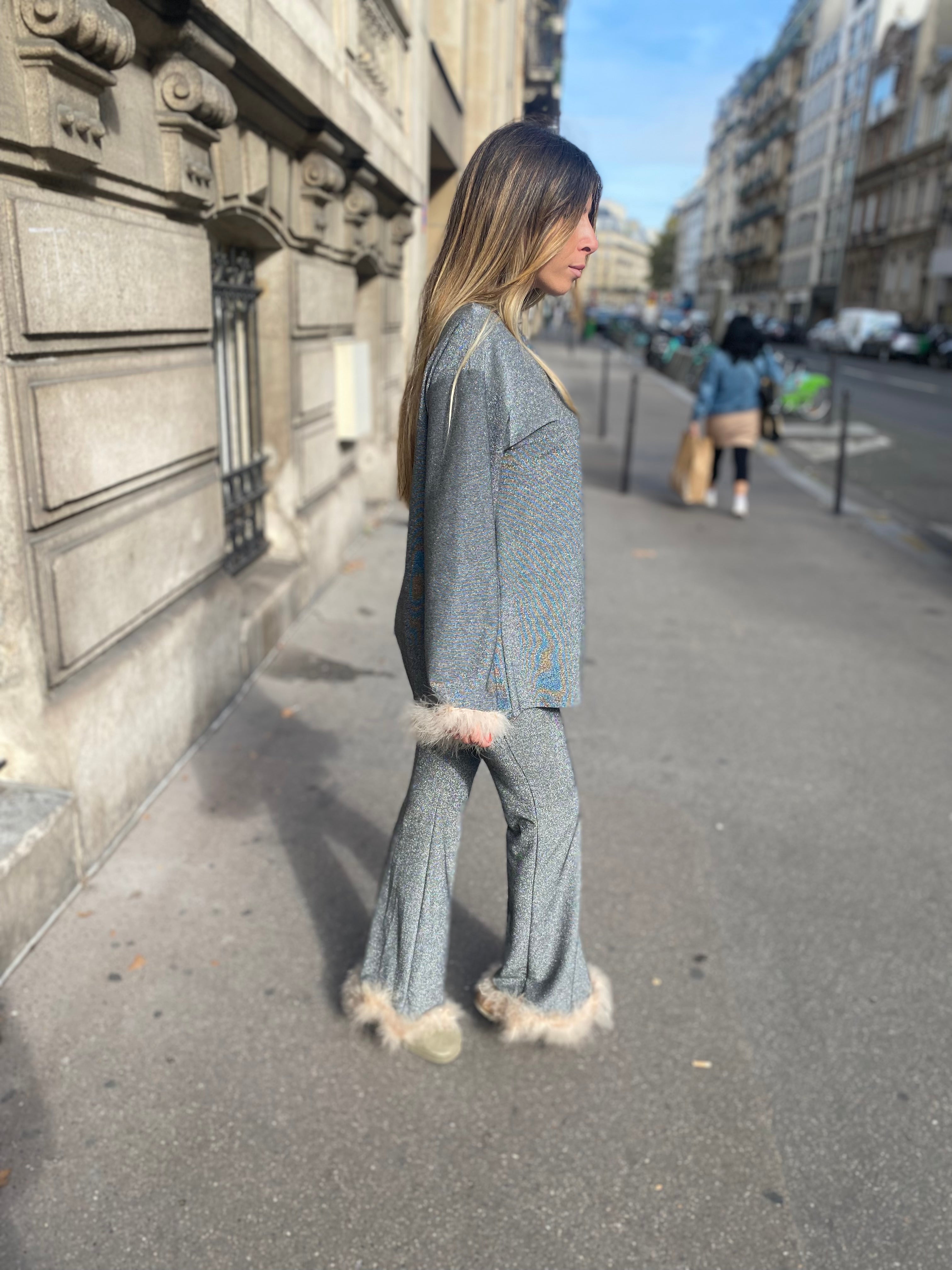 Pantalon plumes argenté