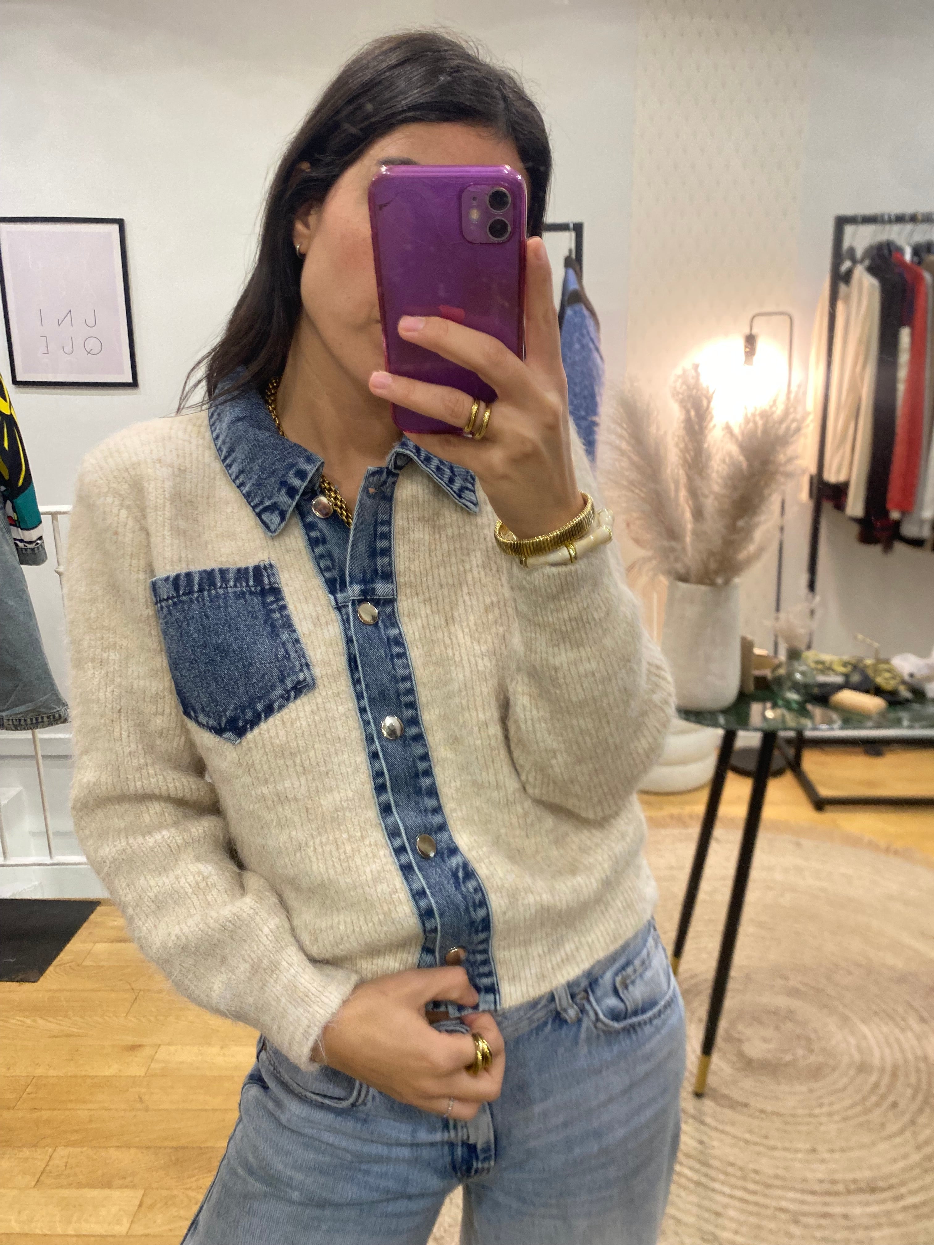 Pull bi matière « Nico » écru