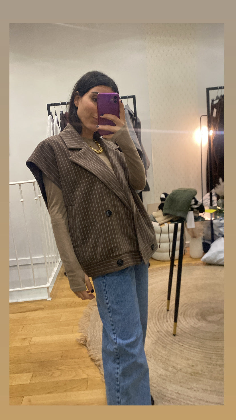Veste sans manche « audrey » rayé taupe