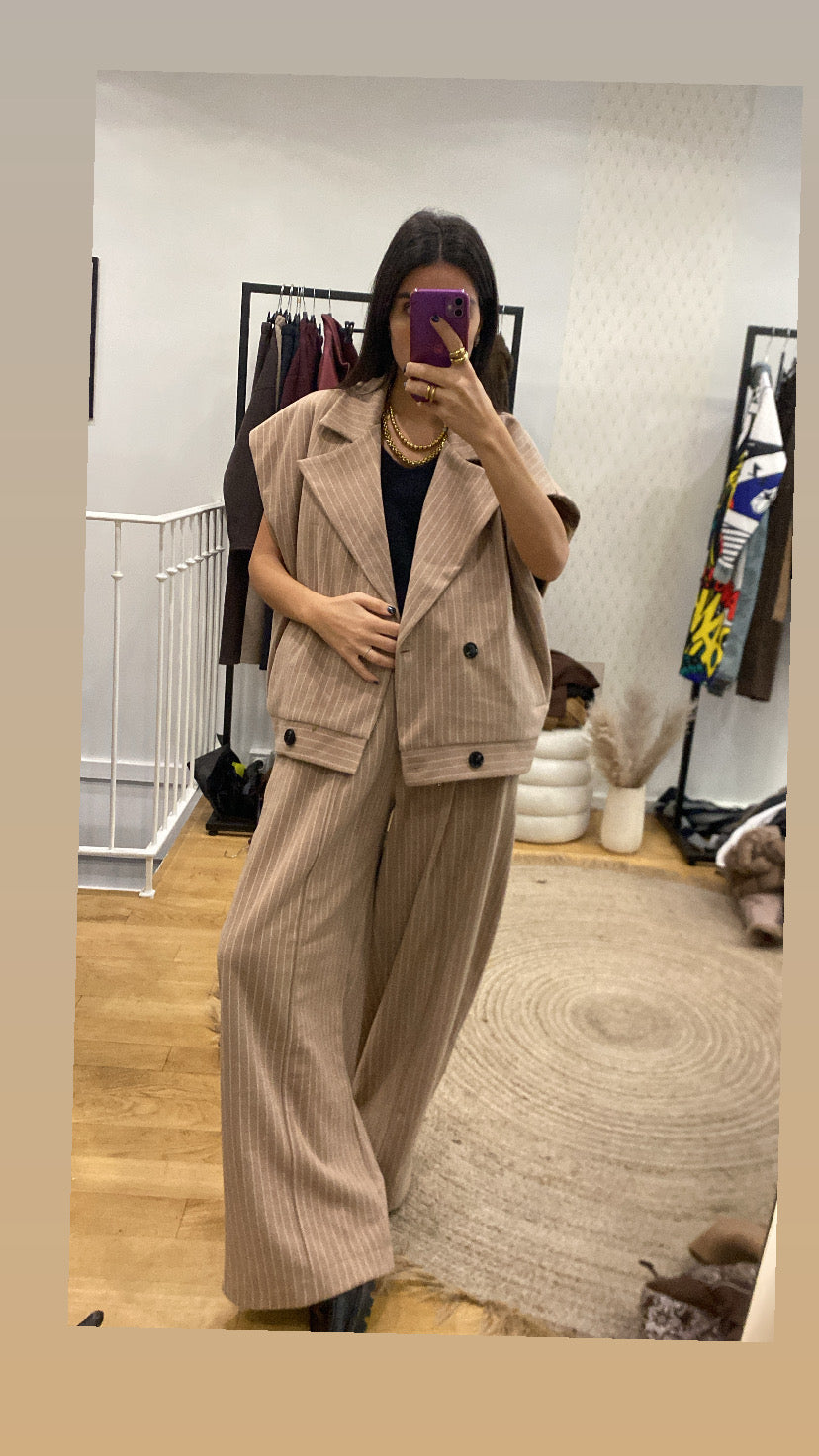 Veste sans manches « audrey » rayé camel