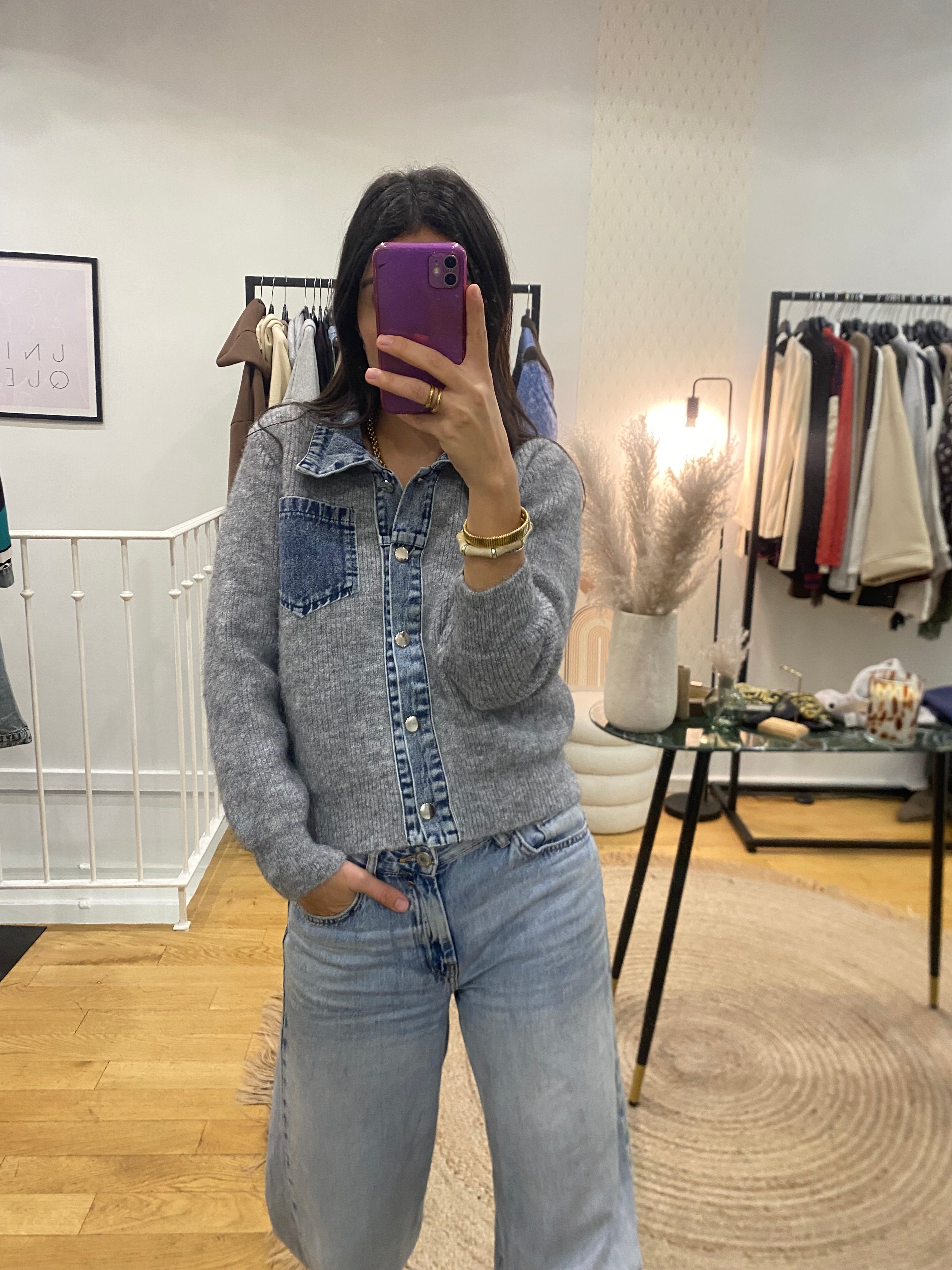 Pull bi matière « Nico » gris