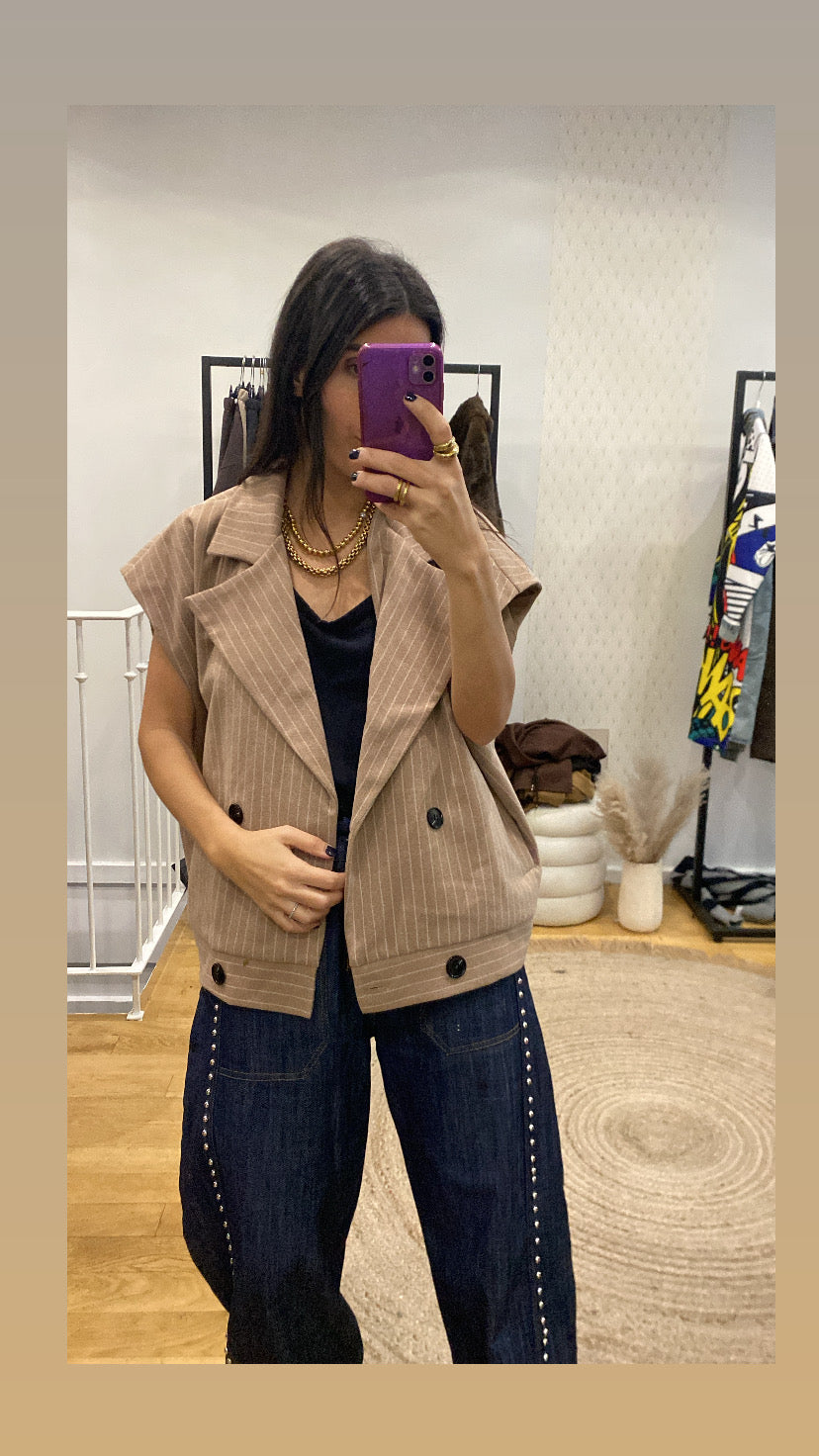 Veste sans manches « audrey » rayé camel
