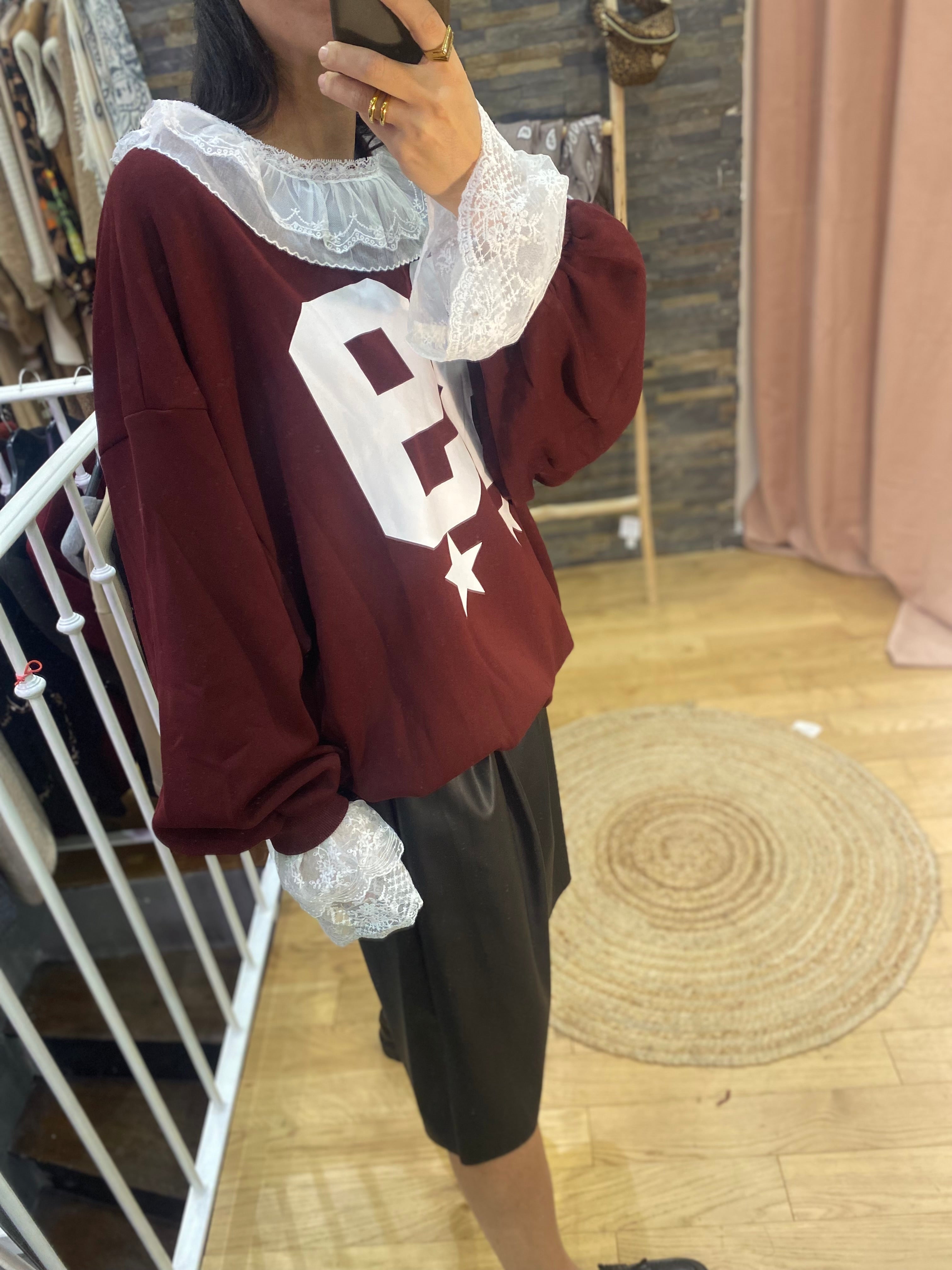 Pull « 89 » dentelle bordeaux