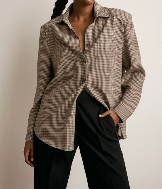 Chemise épaulette carreaux taupe