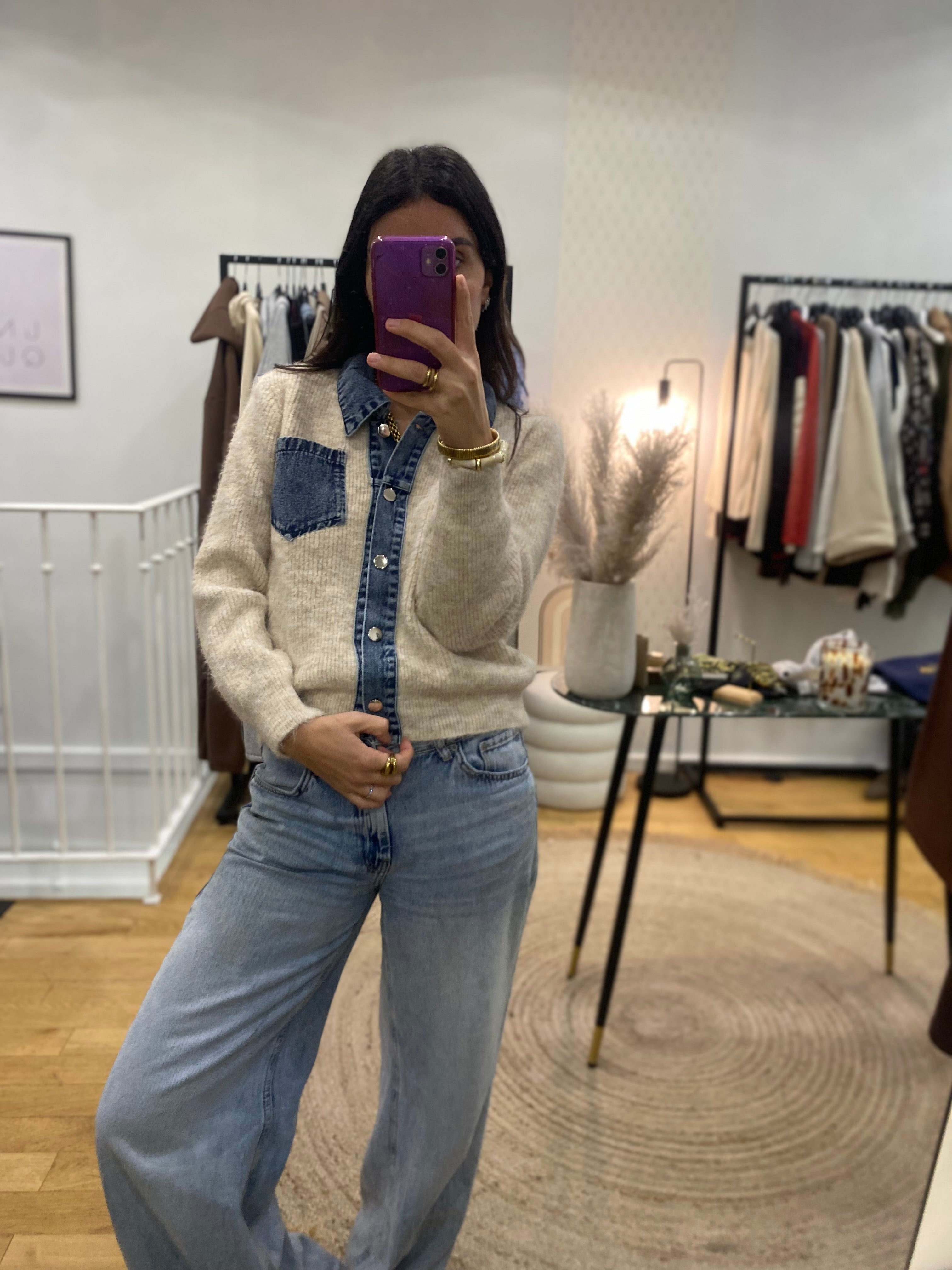 Pull bi matière « Nico » écru